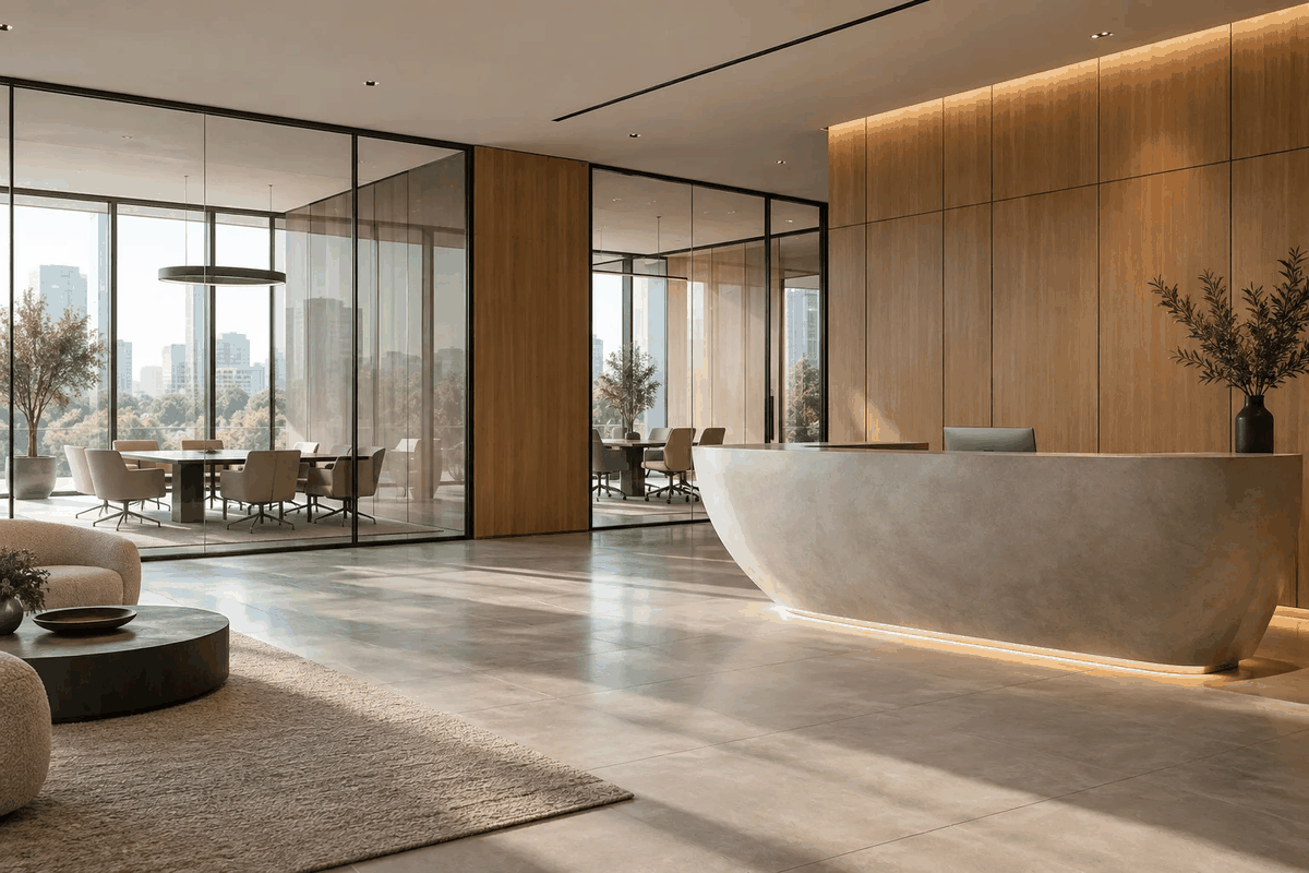 Walnut, oak and natural travertine samples with a stone vase and olive branch